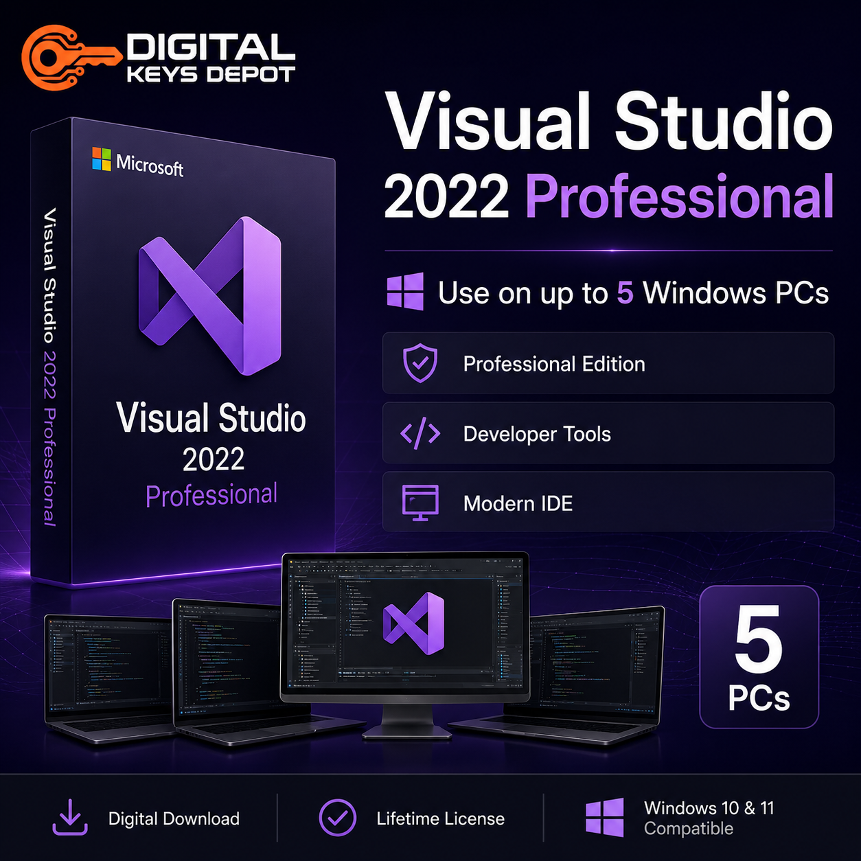 Visual Studio 2022 Professional development tools for up to 5 Windows PCs