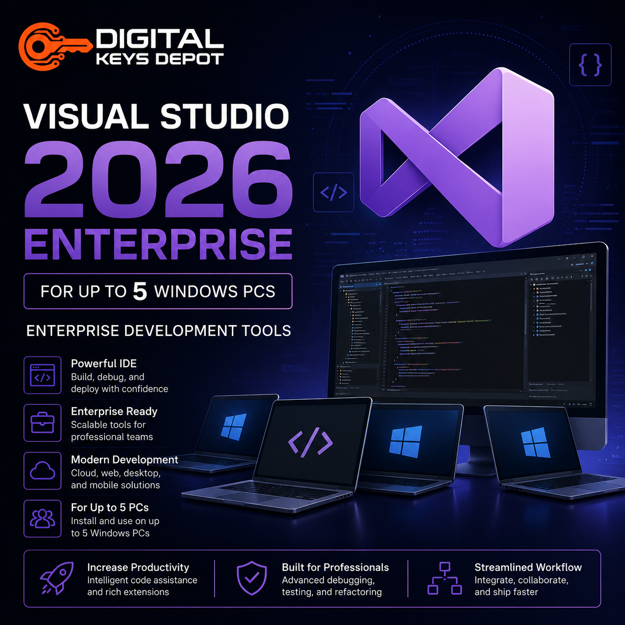 Visual Studio 2026 Enterprise development tools for up to 5 Windows PCs