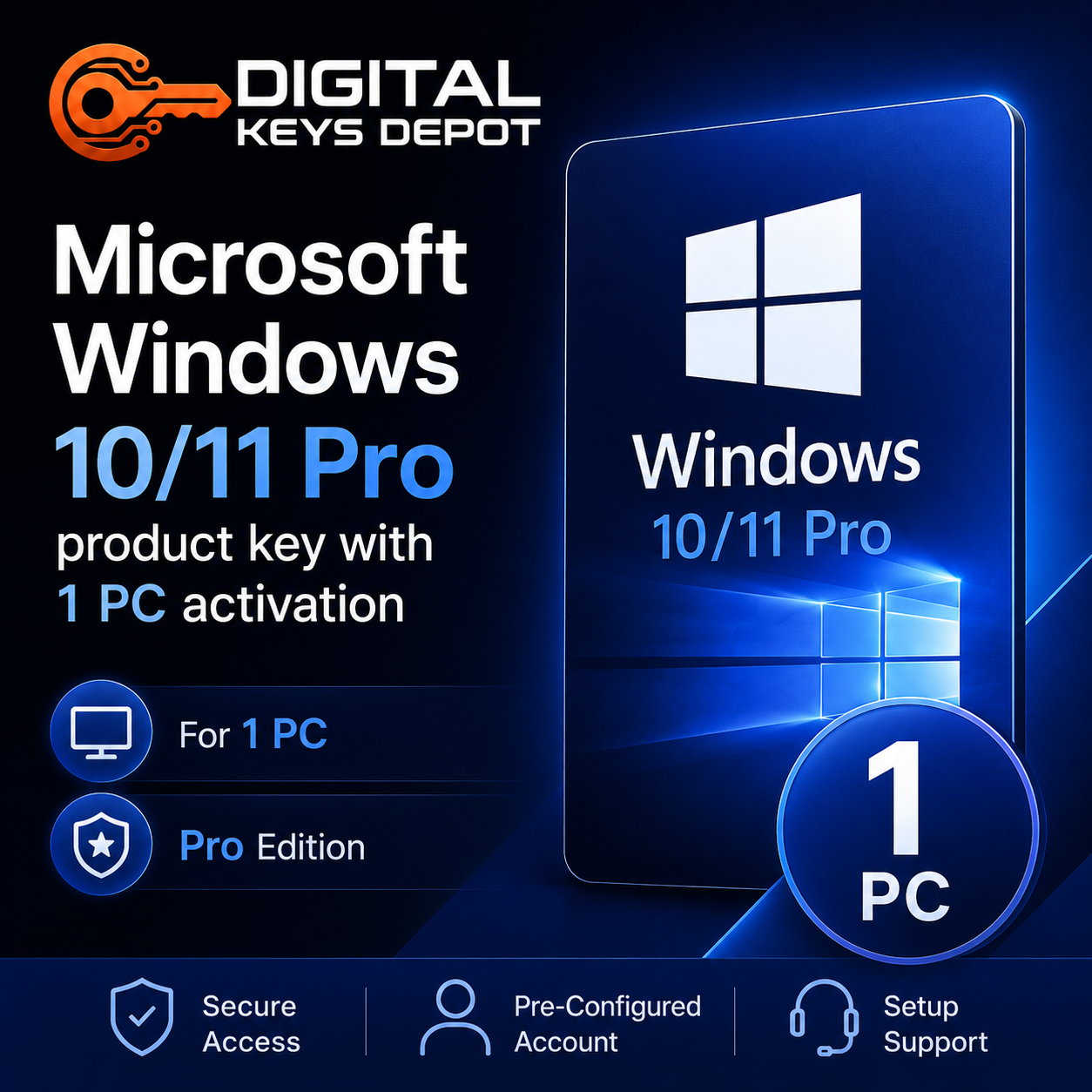 Windows 10/11 Pro product key graphic with 1 PC activation