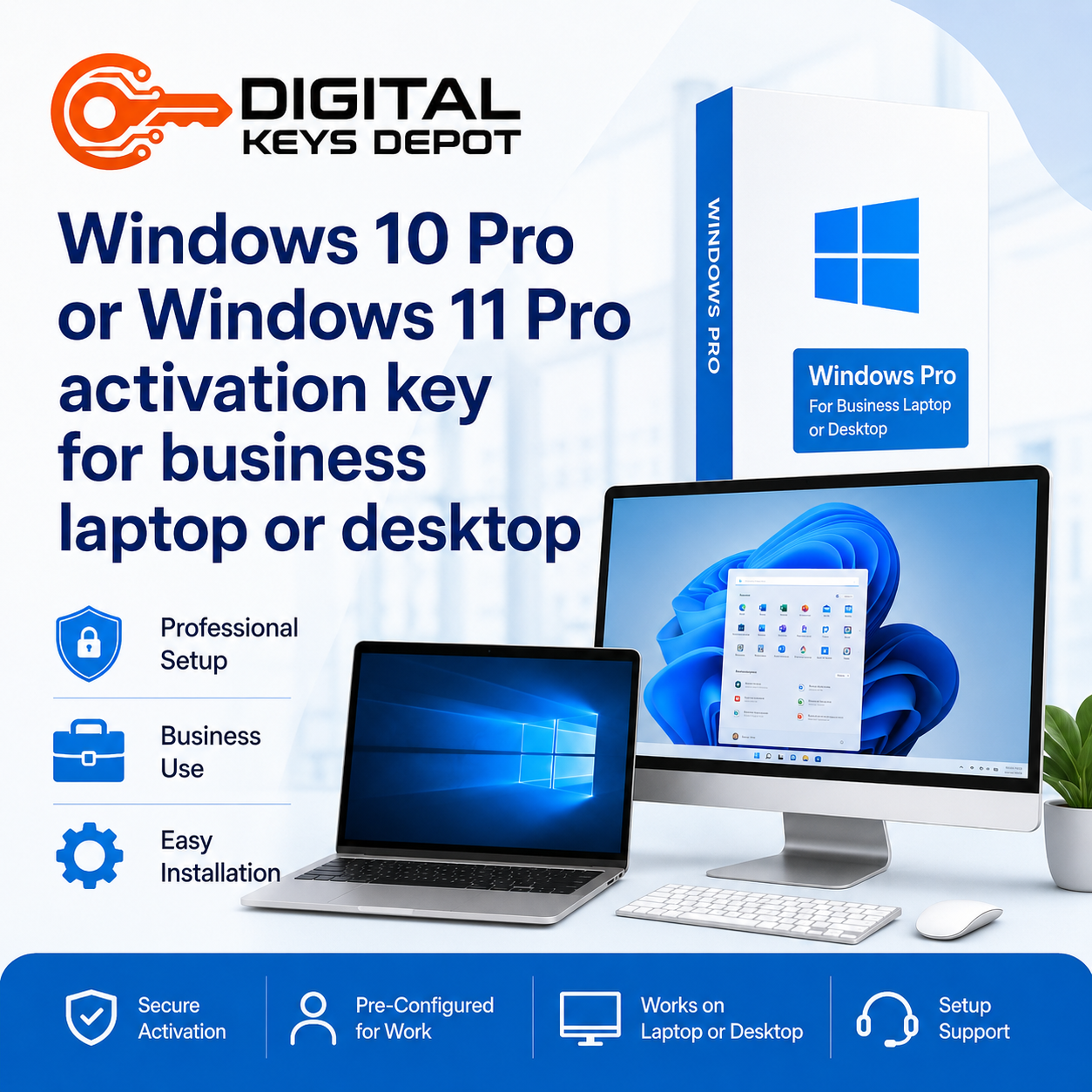 Windows 10 Pro or Windows 11 Pro activation key for business laptop or desktop