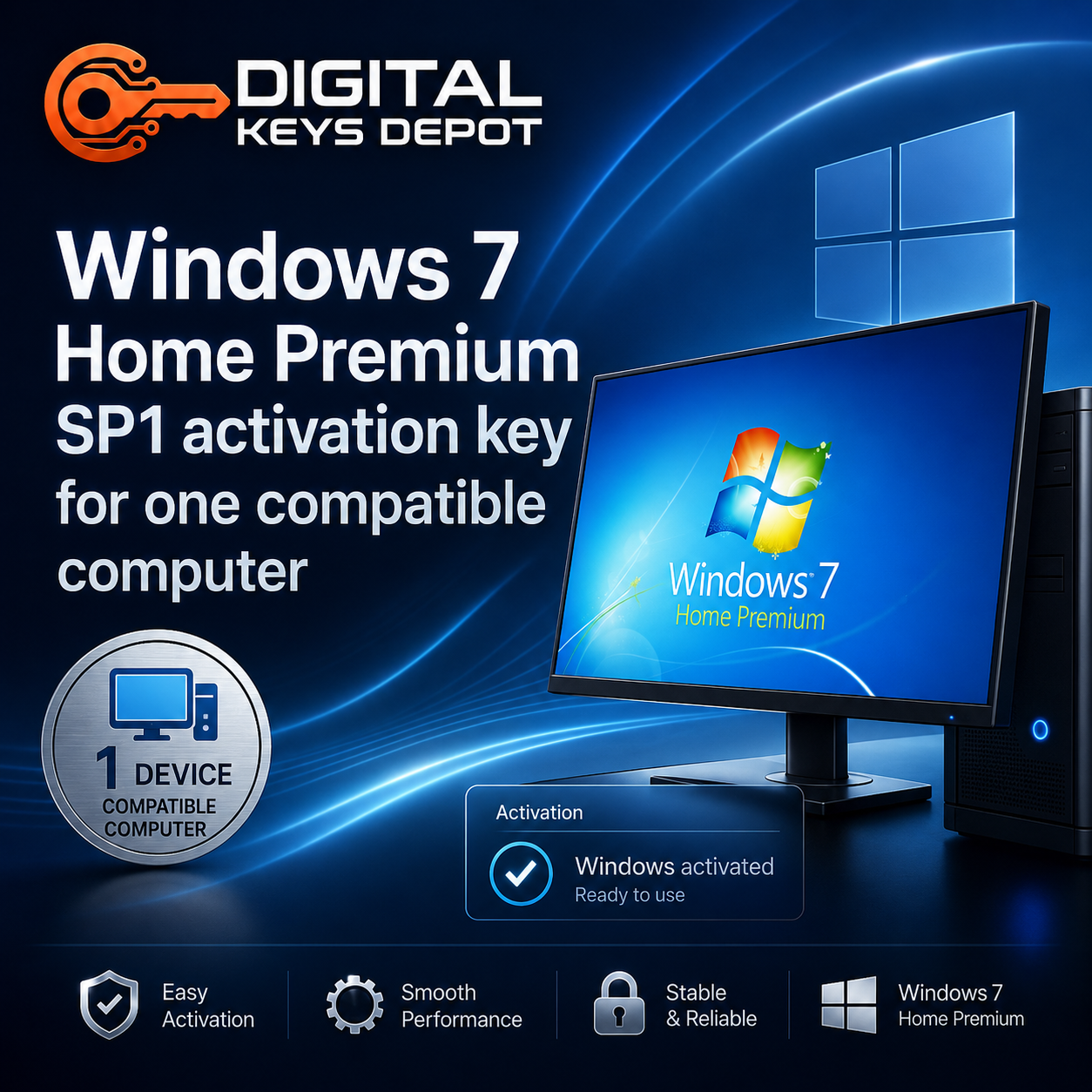 Windows 7 Home Premium SP1 activation key for one compatible computer