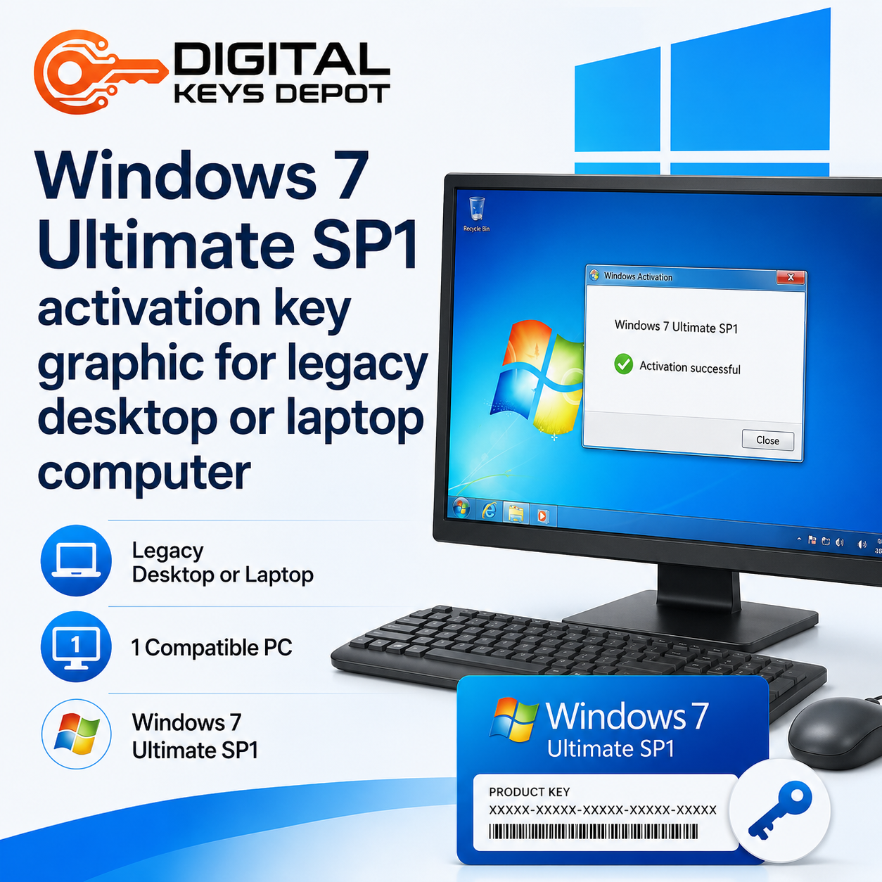 Windows 7 Ultimate SP1 activation key graphic for legacy desktop or laptop computer