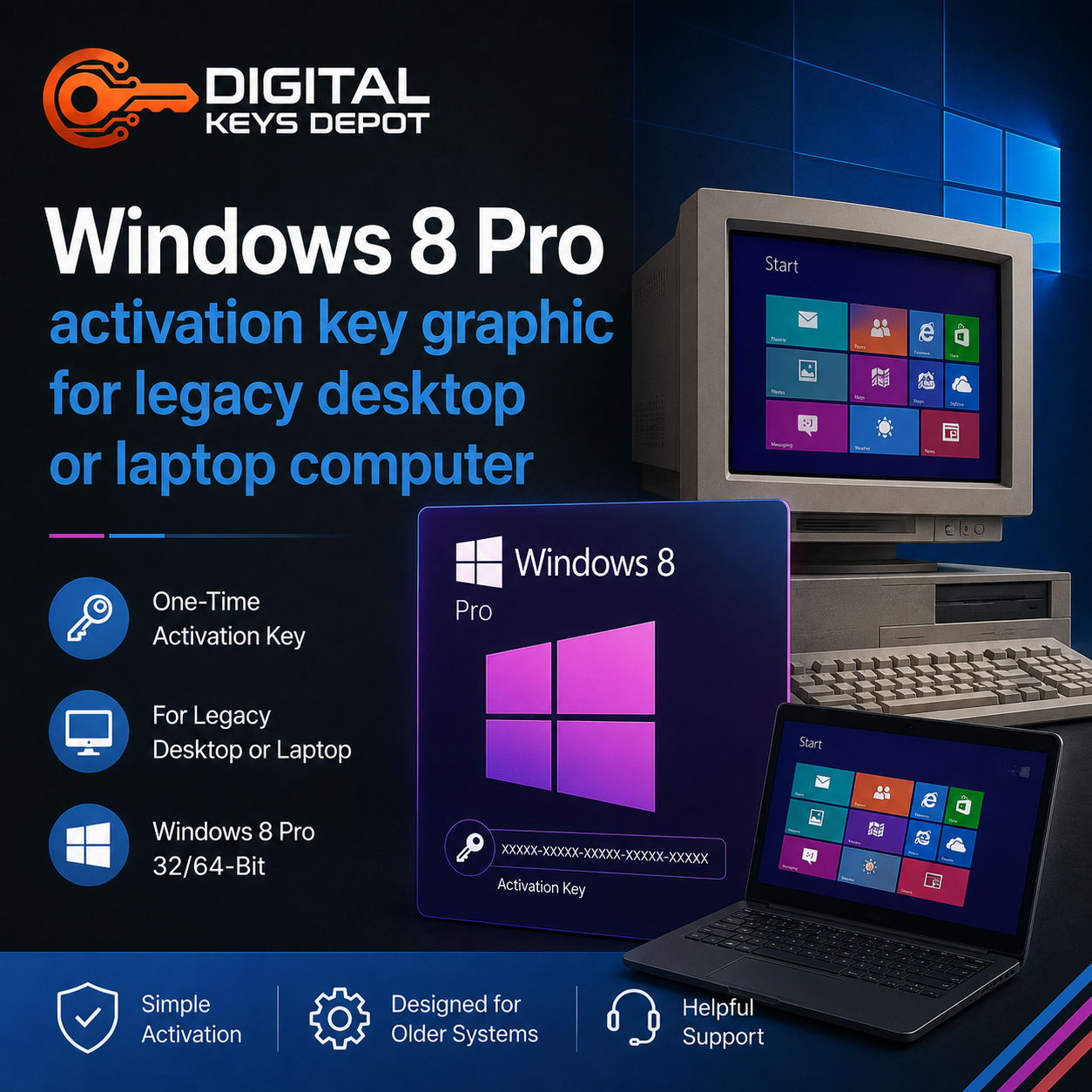 Windows 8 Pro activation key graphic for legacy desktop or laptop computer