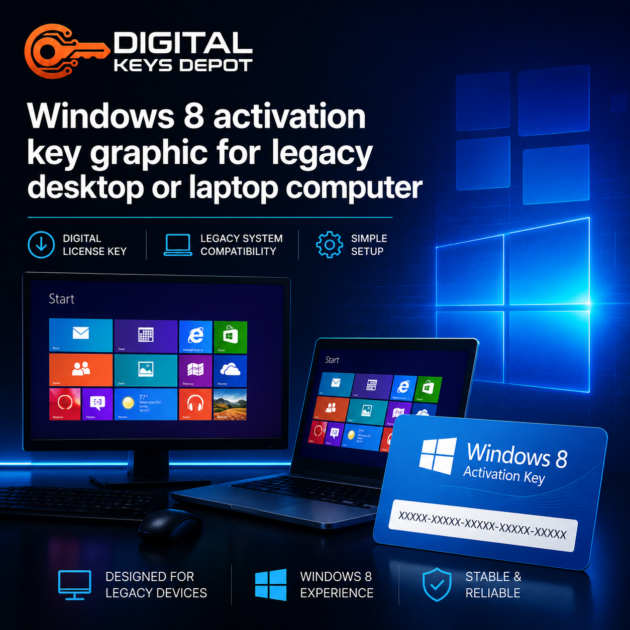 Windows 8 activation key graphic for legacy desktop or laptop computer
