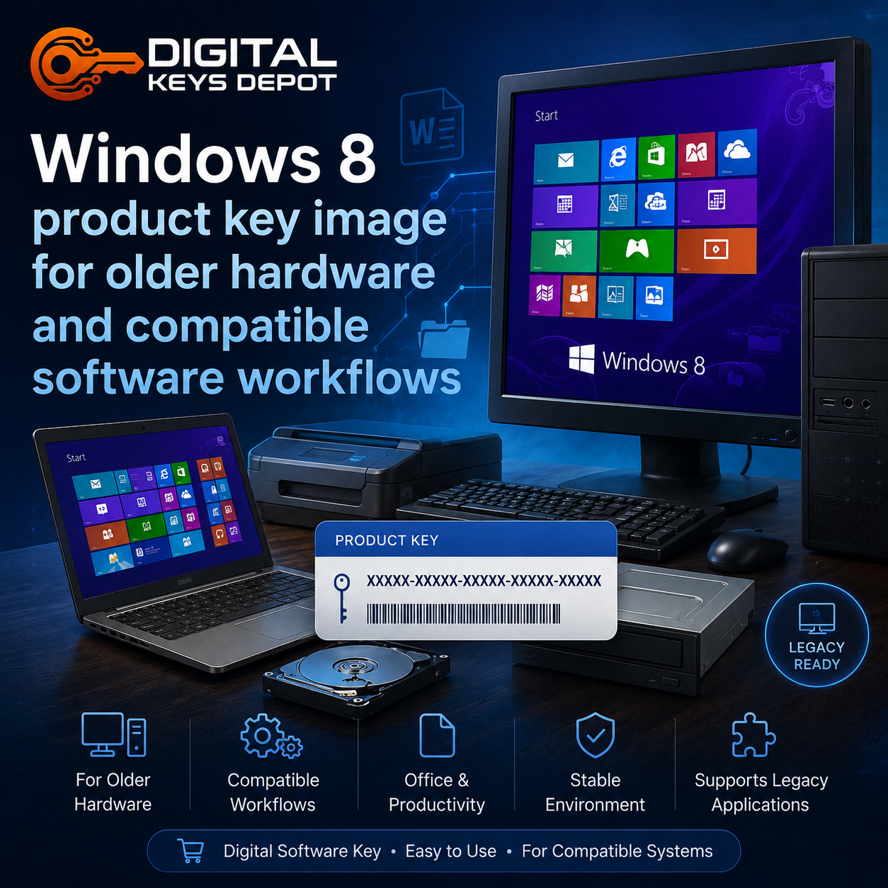 Windows 8 product key image for older hardware and compatible software workflows