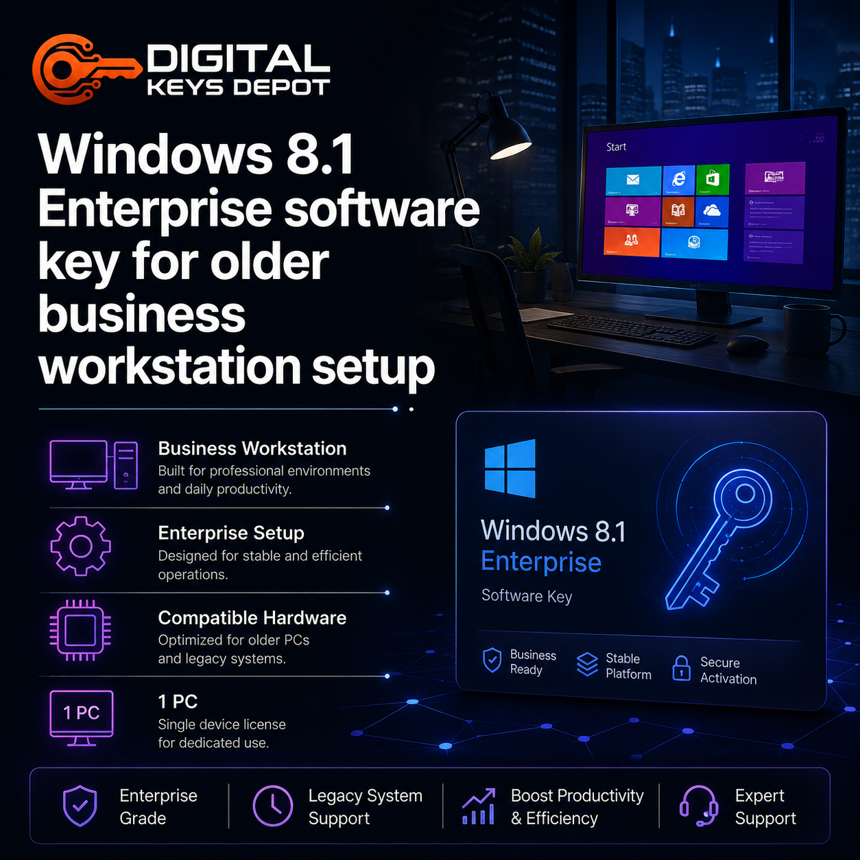 Windows 8.1 Enterprise software key for older business workstation setup