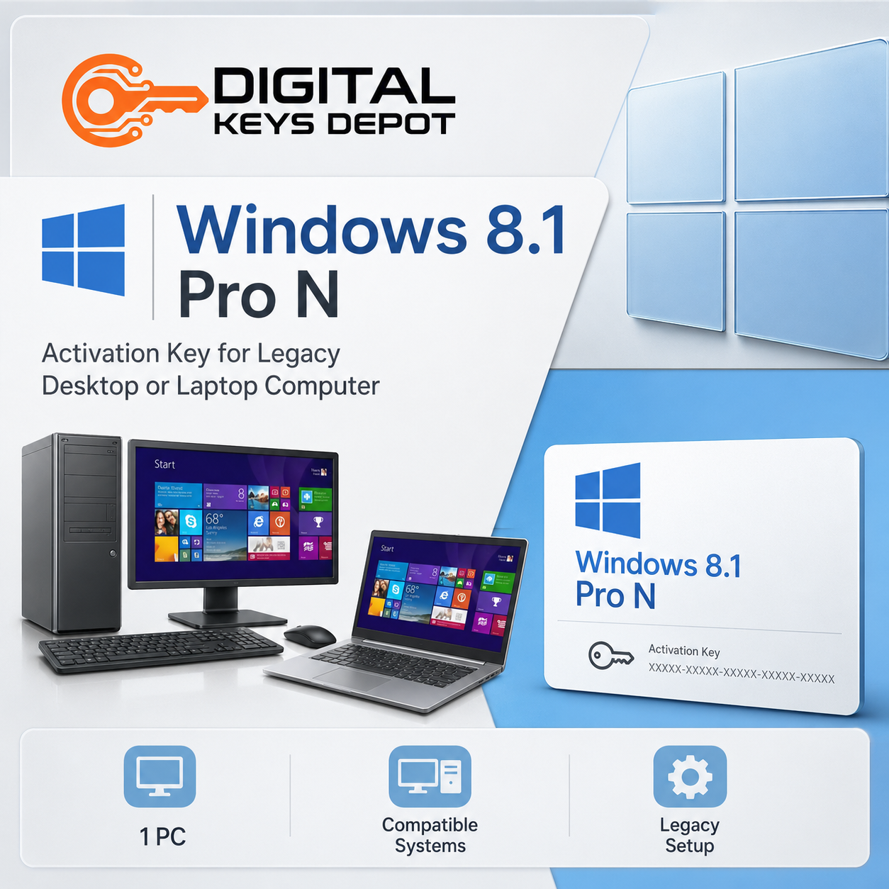 Windows 8.1 Pro N activation key for legacy desktop or laptop computer