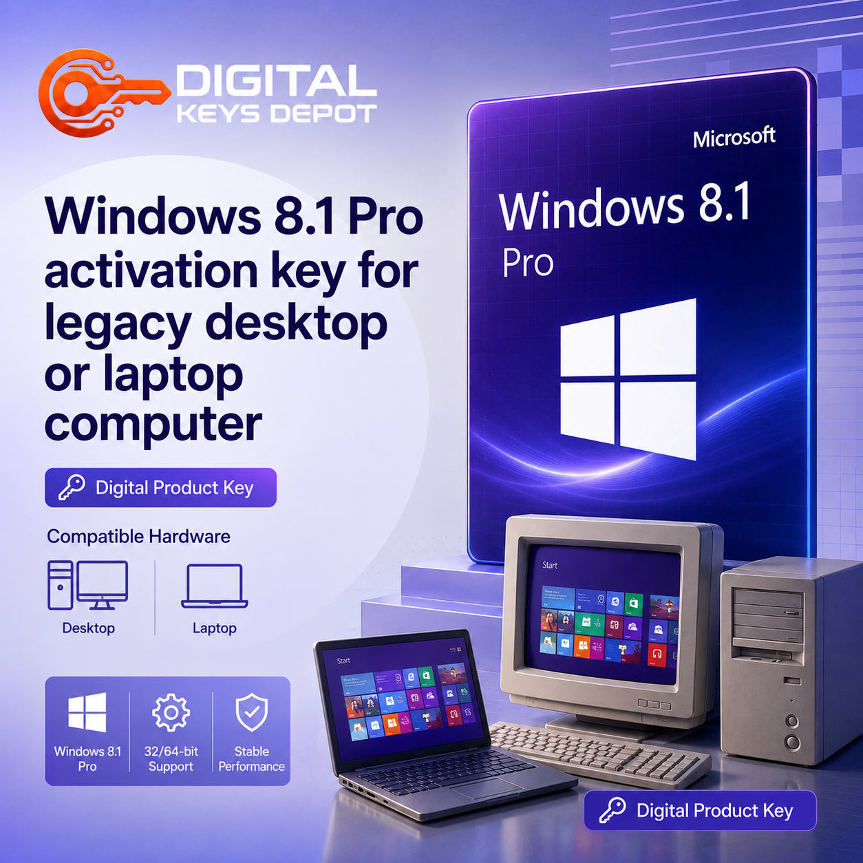 Windows 8.1 Pro activation key for legacy desktop or laptop computer