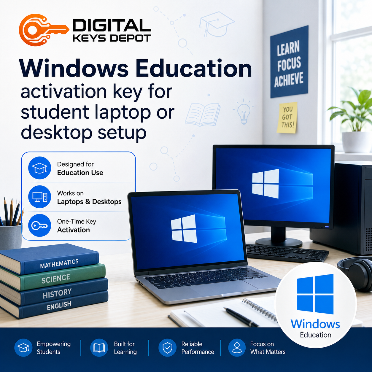 Windows Education activation key for student laptop or desktop setup