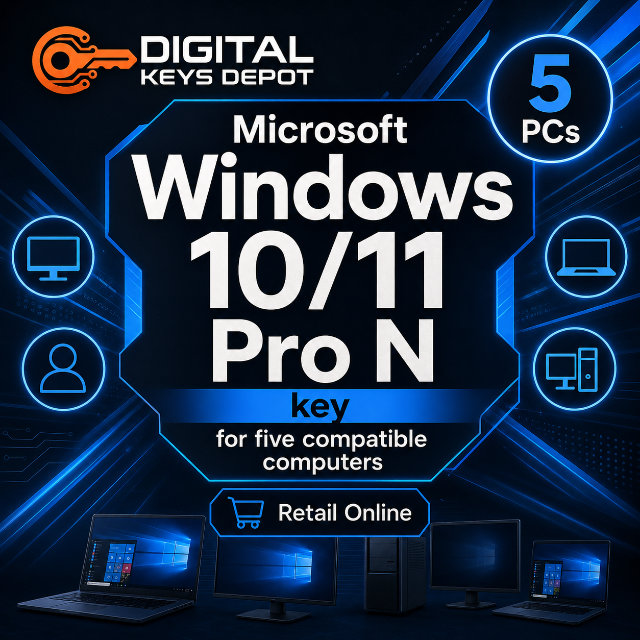 Microsoft Windows 10/11 Pro N key for five compatible computers