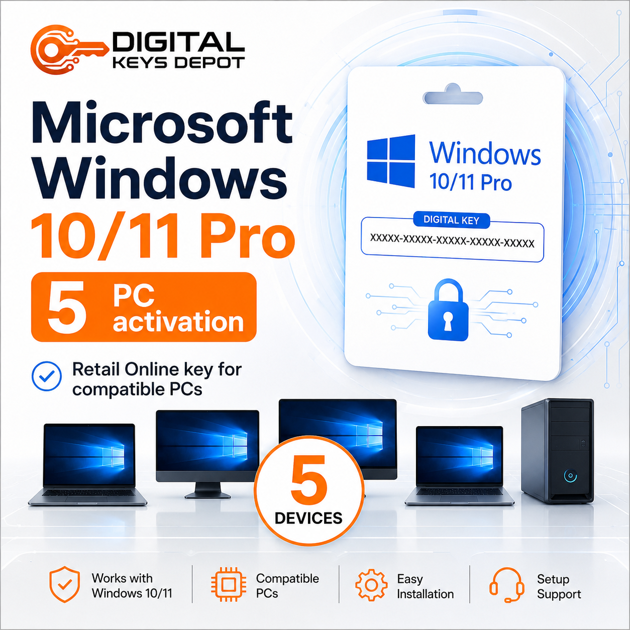 Microsoft Windows 10/11 Pro Retail Online product key for 5 compatible PCs