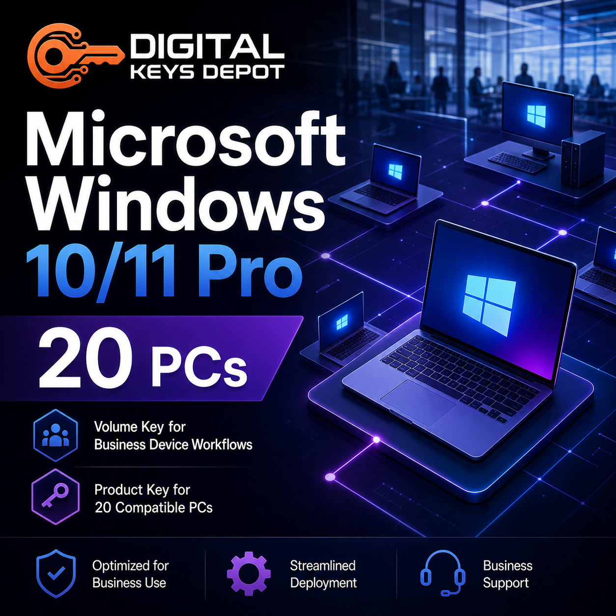 Microsoft Windows 10/11 Pro key for 20 PCs with business device workflow visuals