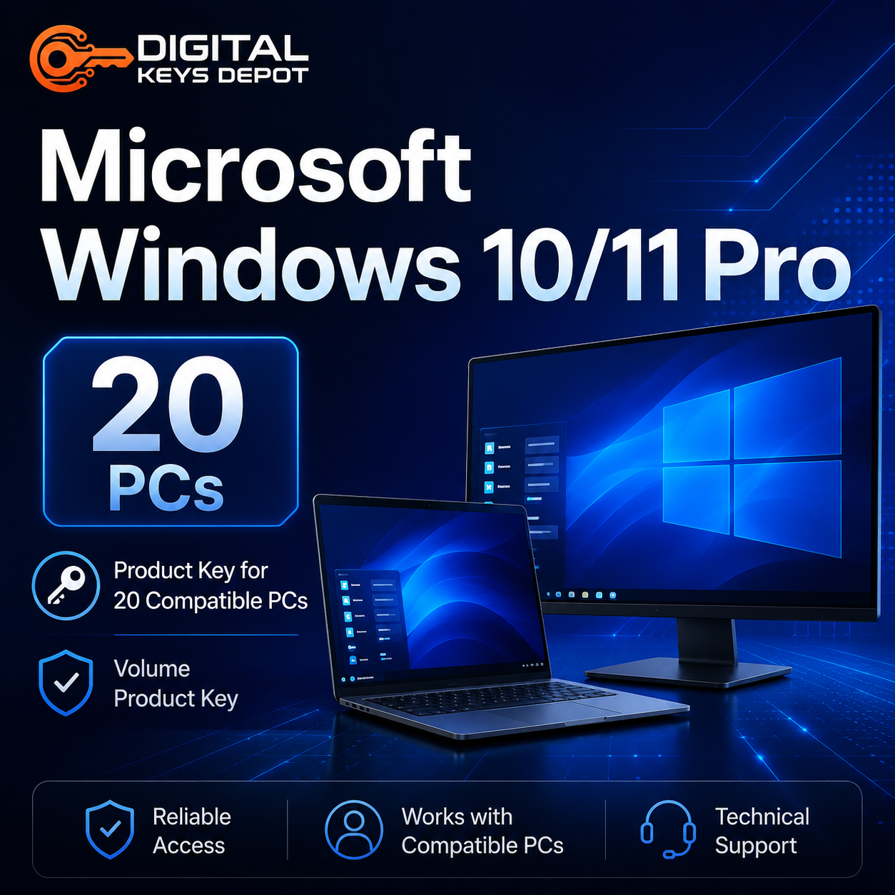 Microsoft Windows 10/11 Pro product key for 20 compatible PCs