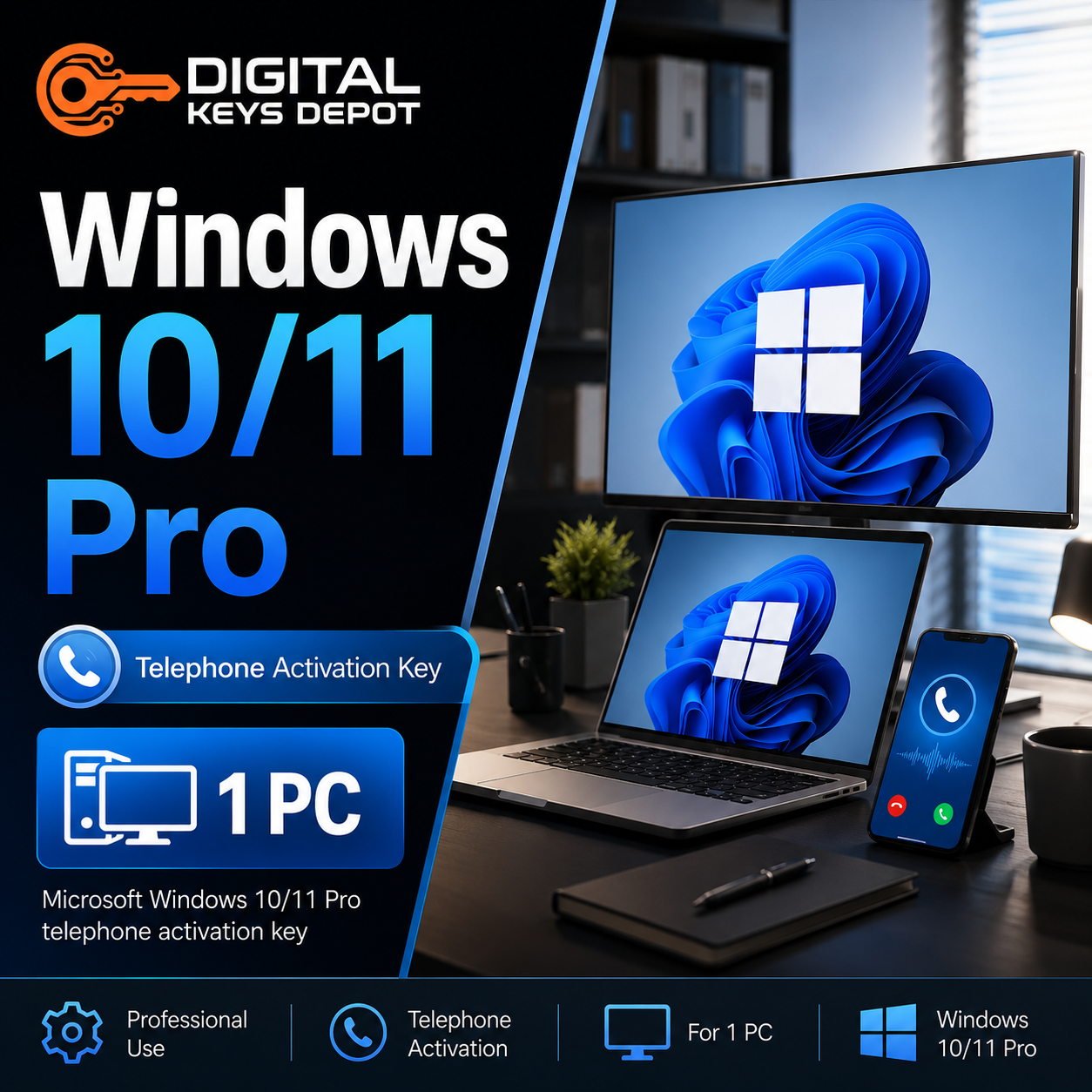 Microsoft Windows 10/11 Pro telephone activation key