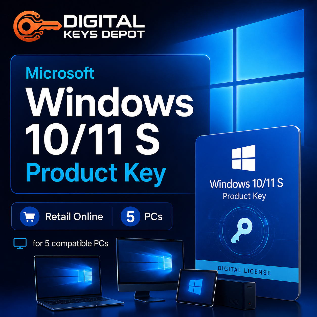 Microsoft Windows 10/11 S Product Key Retail Online for 5 compatible PCs
