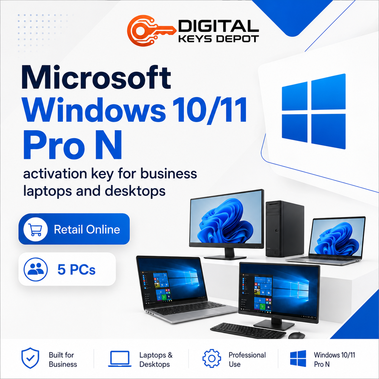 Microsoft Windows 10 Pro N or Windows 11 Pro N activation key for business laptops and desktops