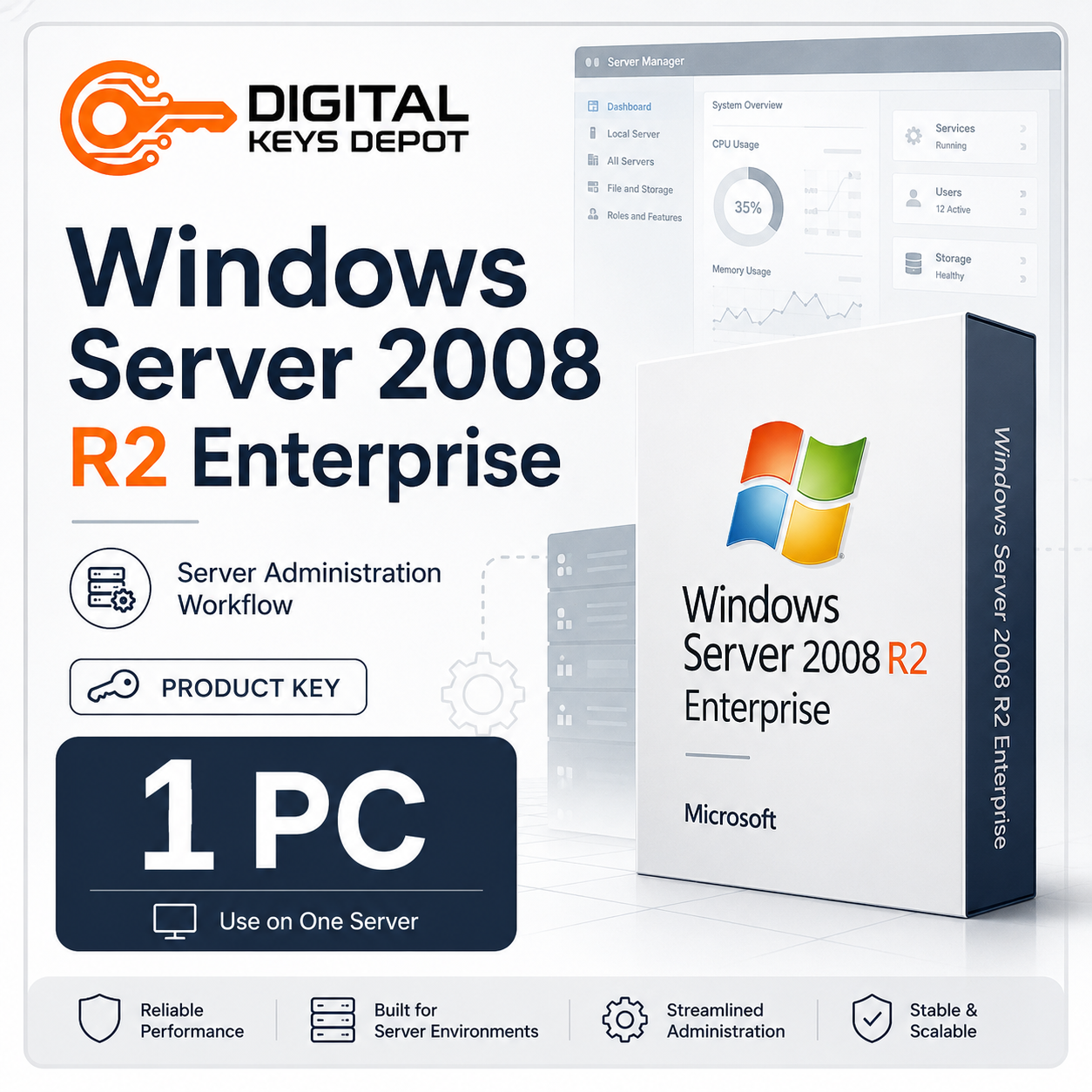 Microsoft Windows Server 2008 R2 Enterprise product key for server administration workflow