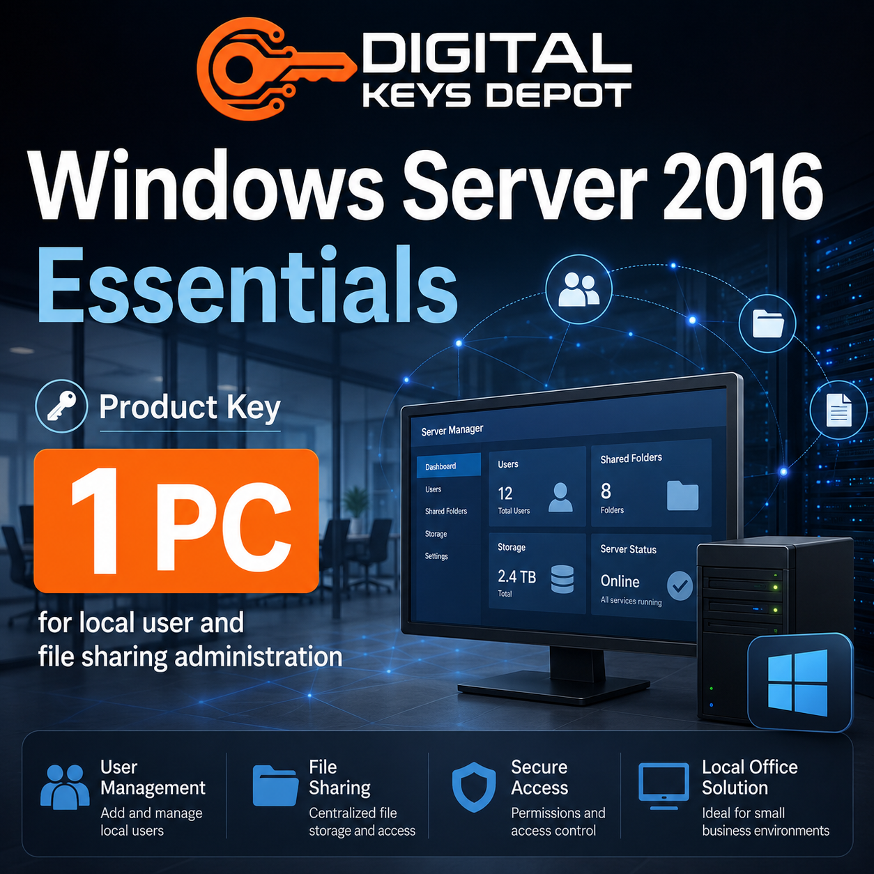Microsoft Windows Server 2016 Essentials product key for local user and file sharing administration Microsoft Windows Server 2016 Essentials product key for local user and file sharing administration