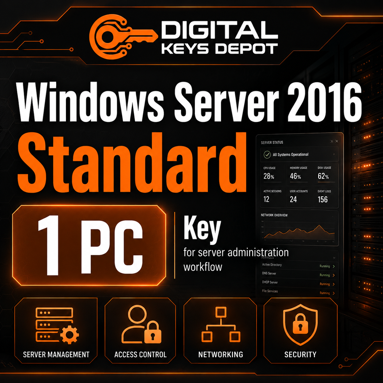 Microsoft Windows Server 2016 Standard key for server administration workflow (1 PC)