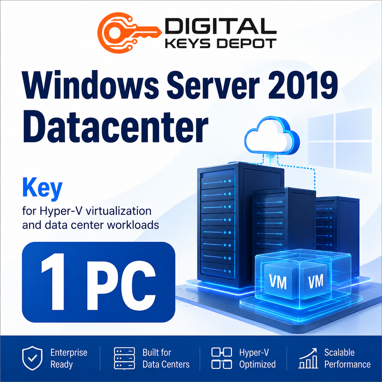 Microsoft Windows Server 2019 Datacenter key for Hyper-V virtualization and data center workloads