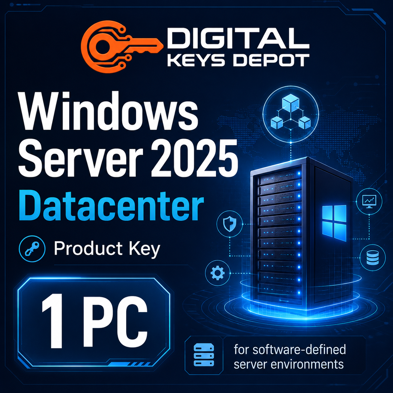 Microsoft Windows Server 2025 Datacenter 1 PC key for software-defined server environments