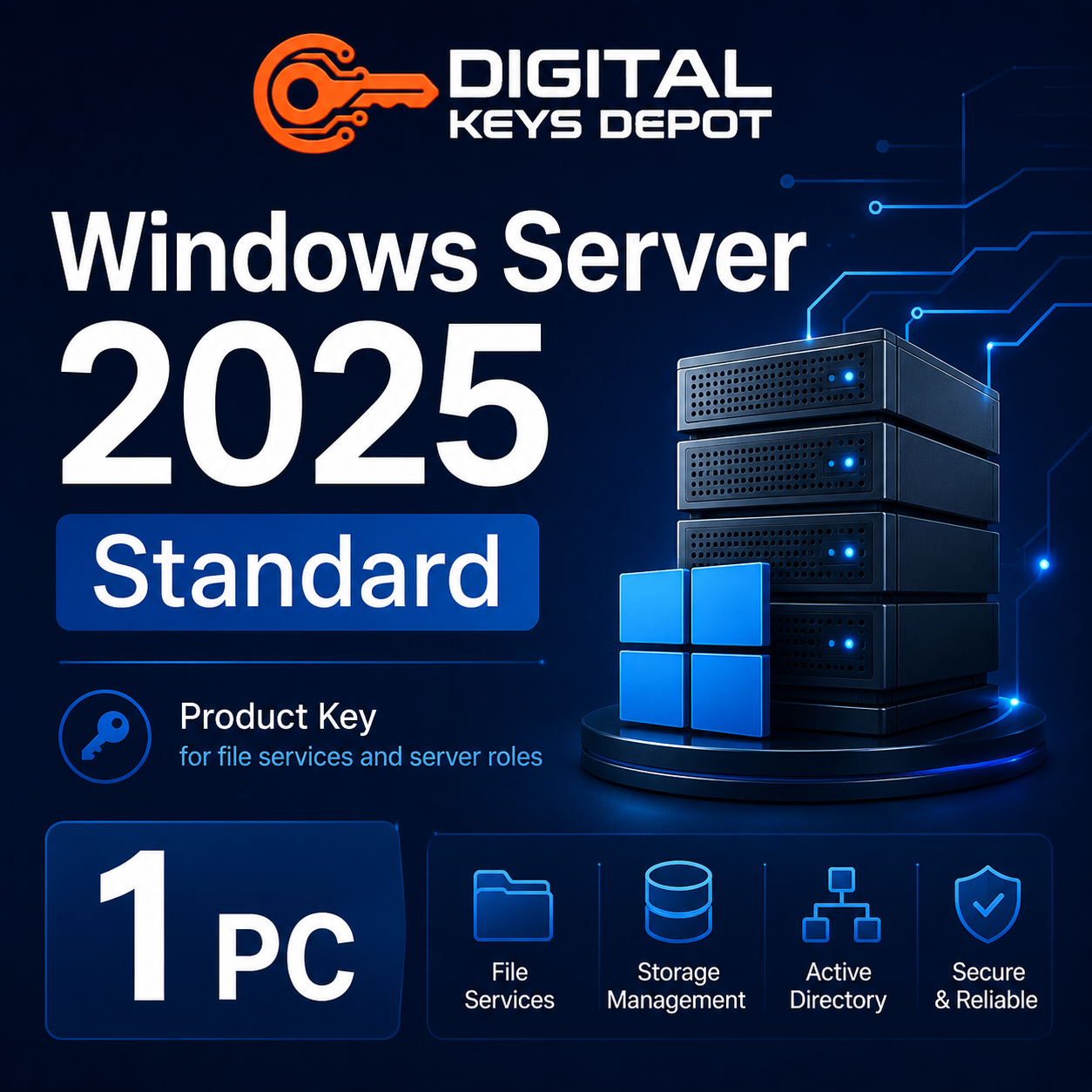 Microsoft Windows Server 2025 Standard 1 PC key for file services and server roles