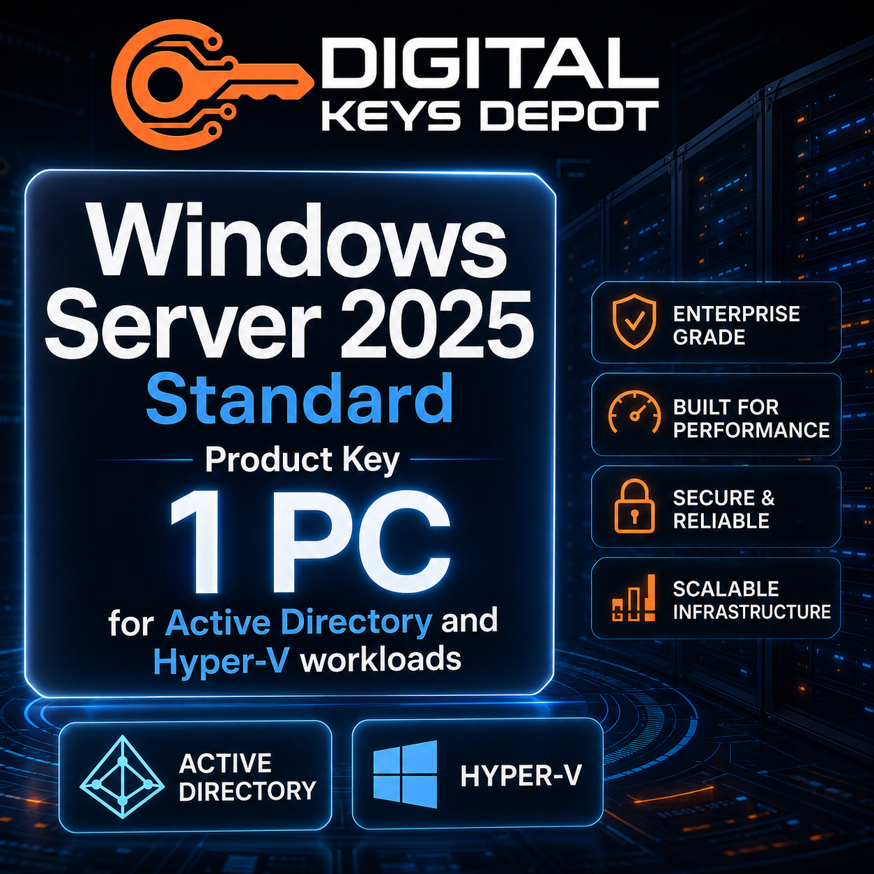 Microsoft Windows Server 2025 Standard product key for Active Directory and Hyper-V workloads