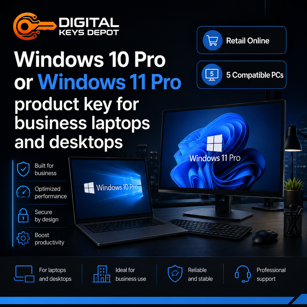 Windows 10 Pro or Windows 11 Pro product key for business laptops and desktops