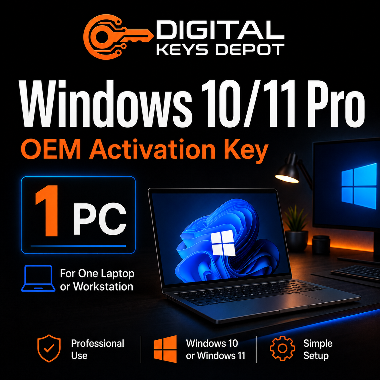 Windows Pro OEM activation key for one laptop or workstation