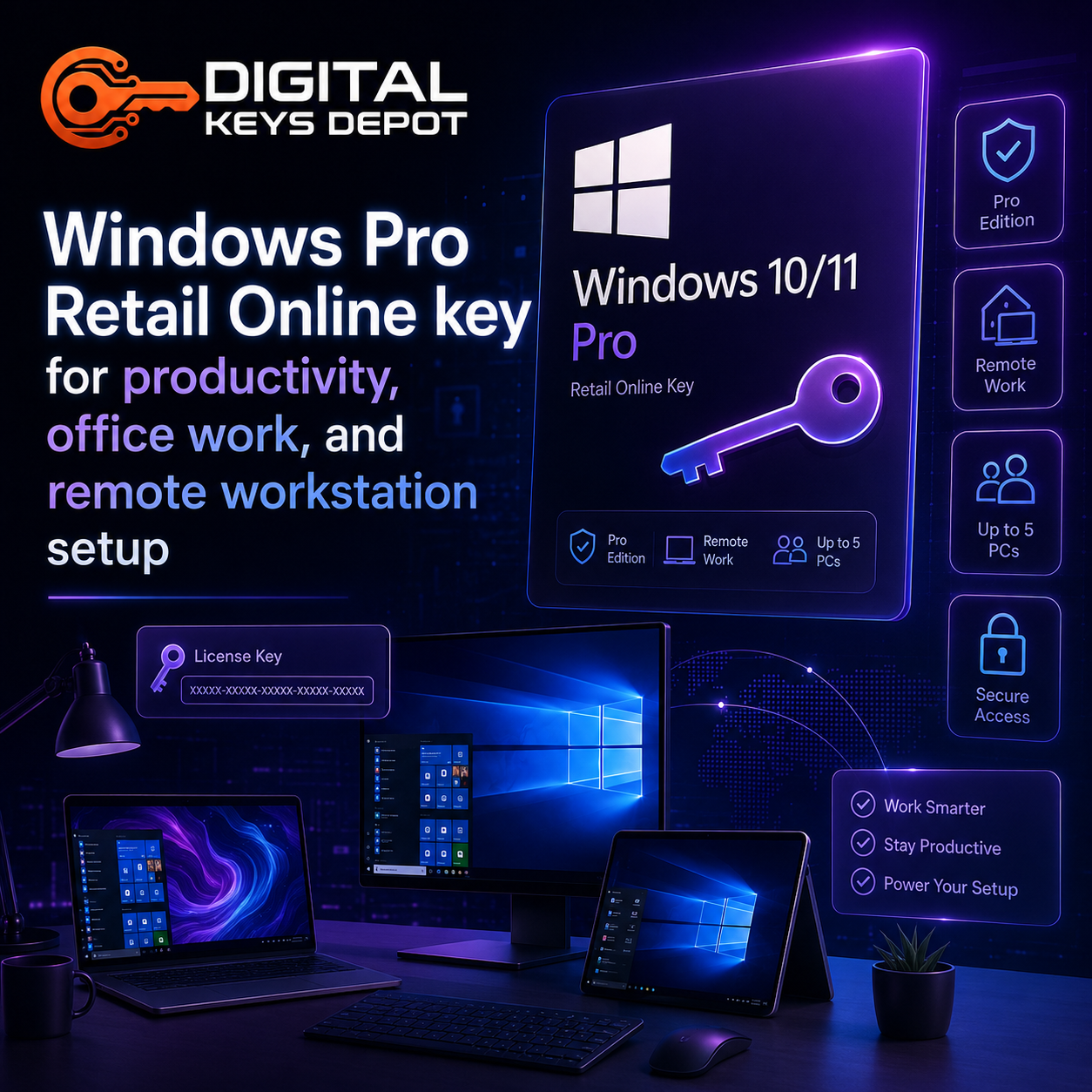 Windows Pro Retail Online key for productivity, office work, and remote workstation setup