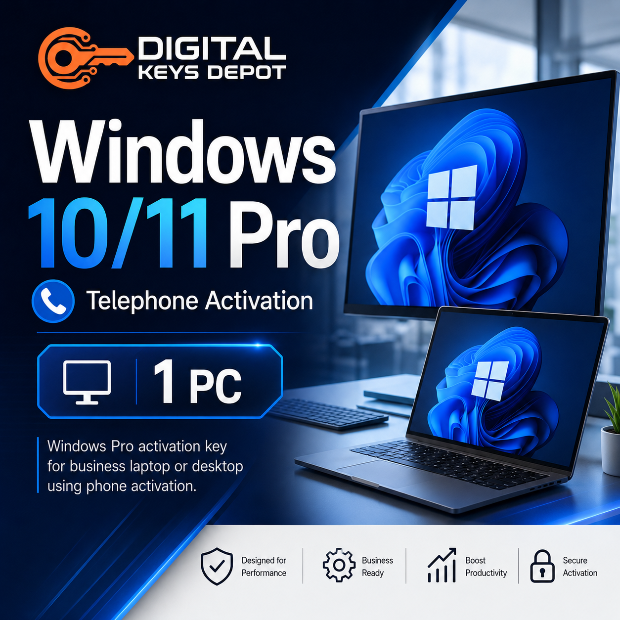 Windows Pro activation key for business laptop or desktop using phone activation