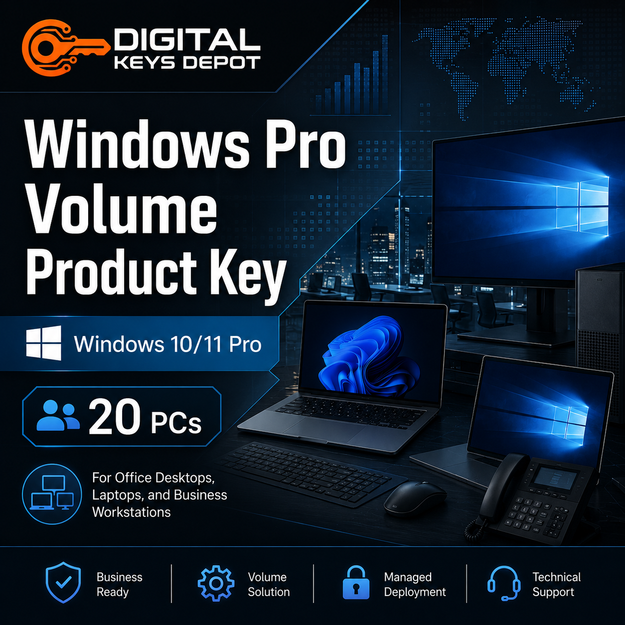 Windows Pro volume product key for office desktops, laptops, and business workstations